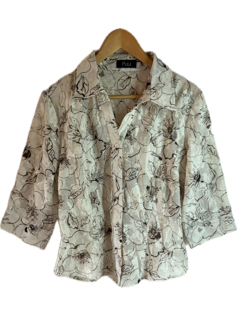 Puli Cream Floral Print Blouse with Black Outline